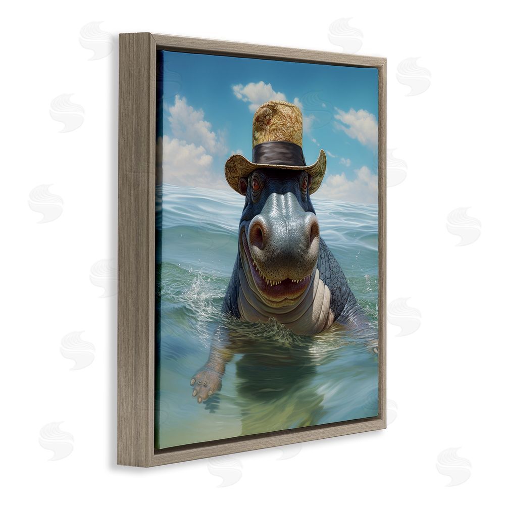 Lazar Studio Hippo with Trendy Hat Brown Floating Frame Canvas Wall Art Print