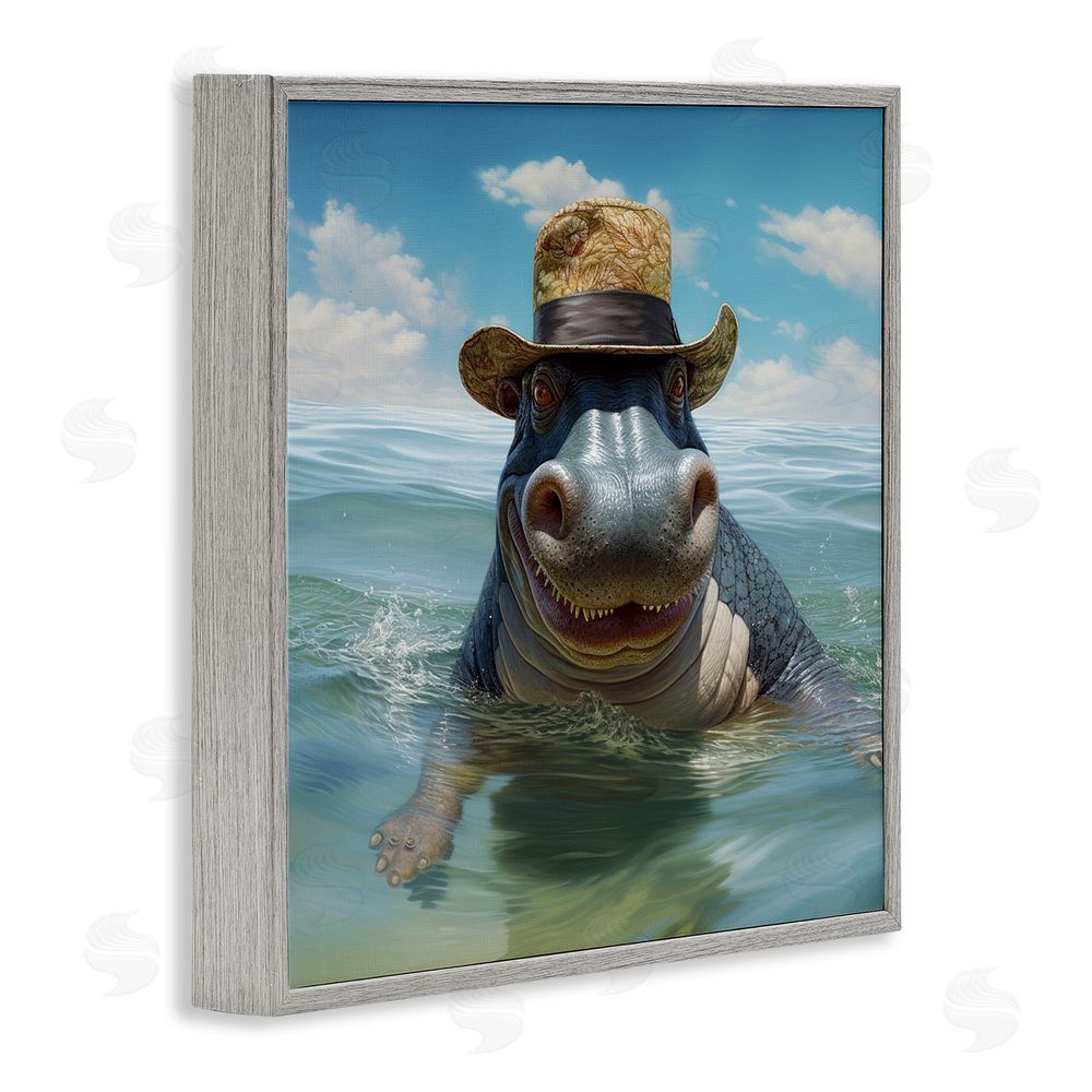 Lazar Studio Hippo with Trendy Hat Gray Framed Glicee Wall Art Print