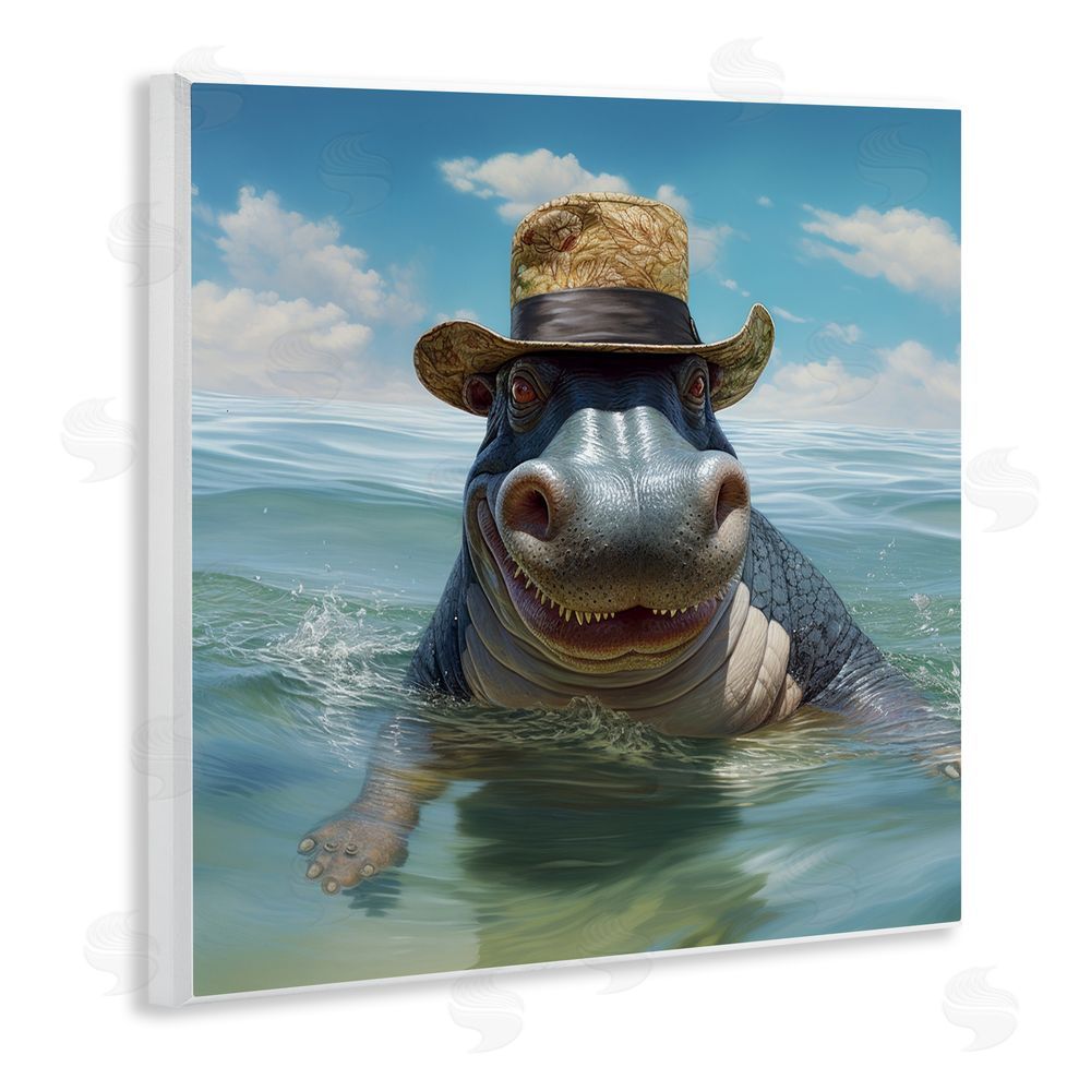Lazar Studio Hippo with Trendy Hat Wooden Wall Plaque Art Print