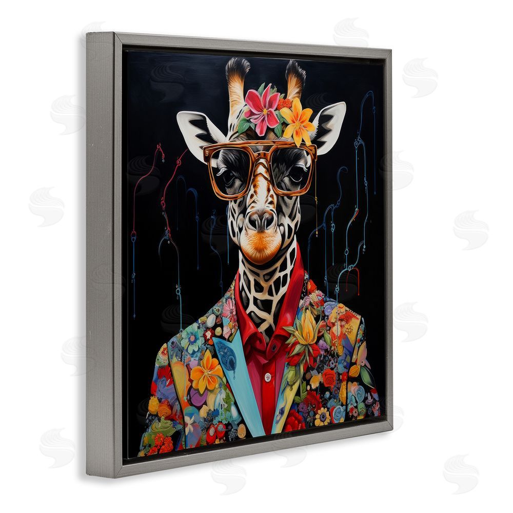 Lazar Studio Giraffe in Floral Suit Gray Floating Frame Canvas Wall Art Print
