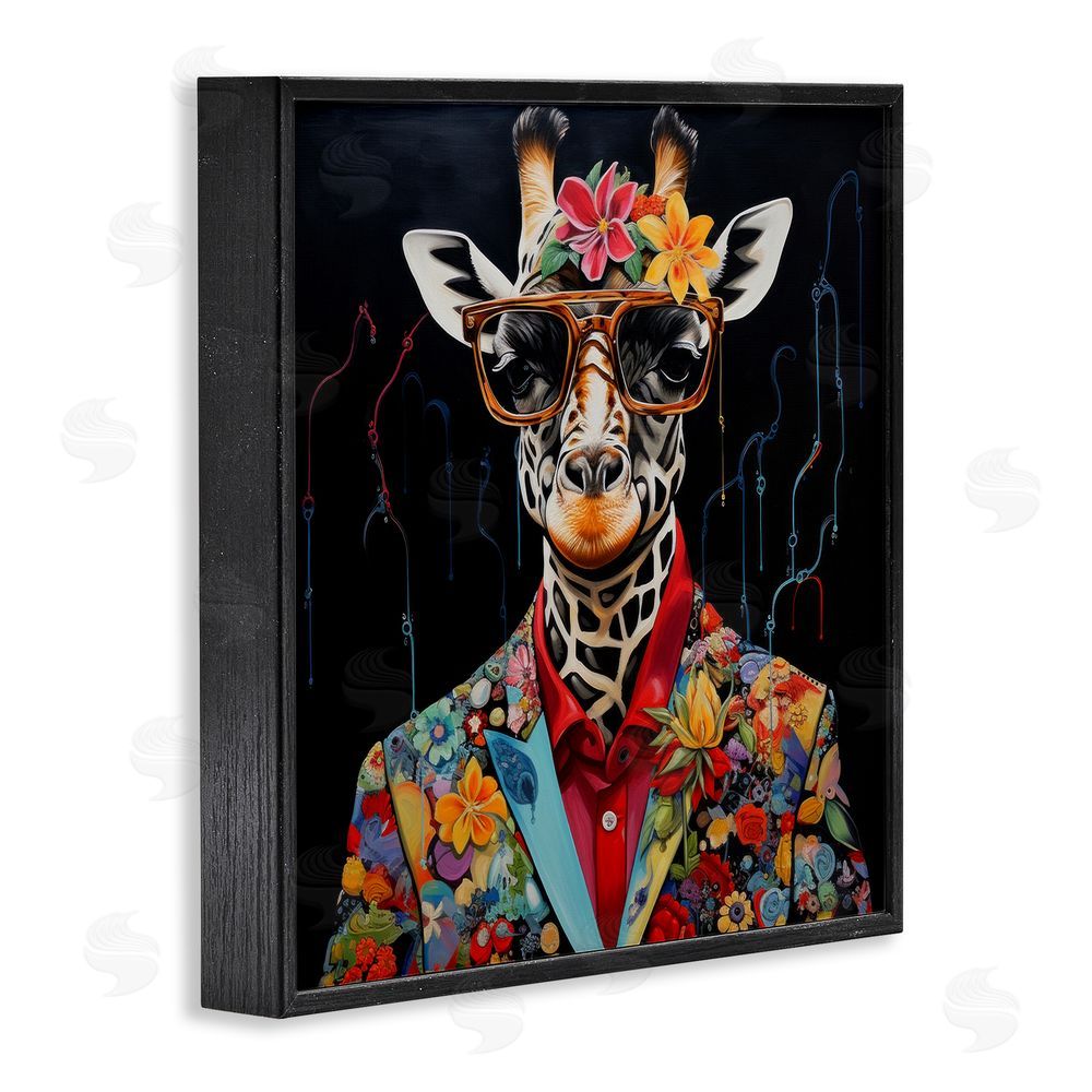 Lazar Studio Giraffe in Floral Suit Black Framed Glicee Wall Art Print