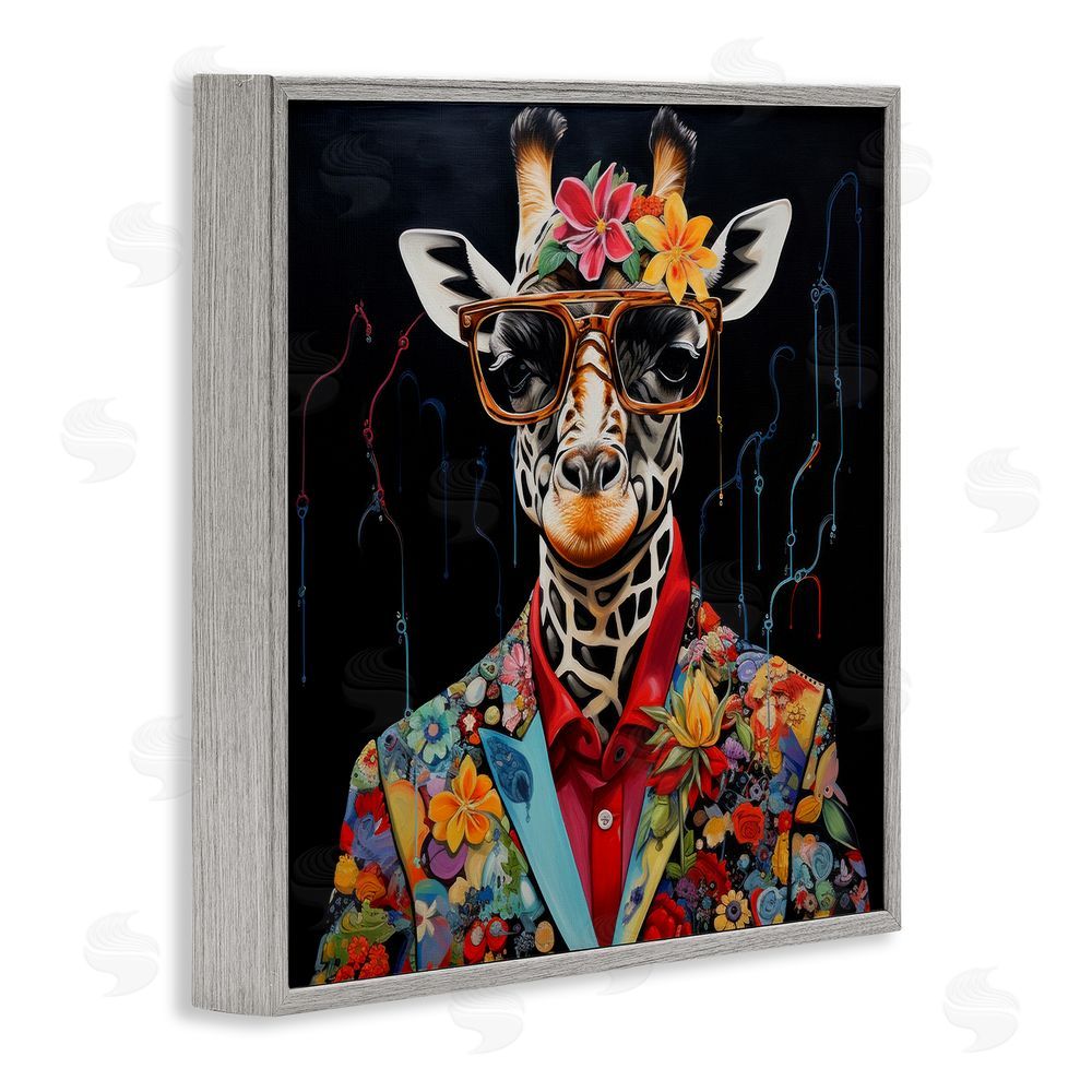 Lazar Studio Giraffe in Floral Suit Gray Framed Glicee Wall Art Print
