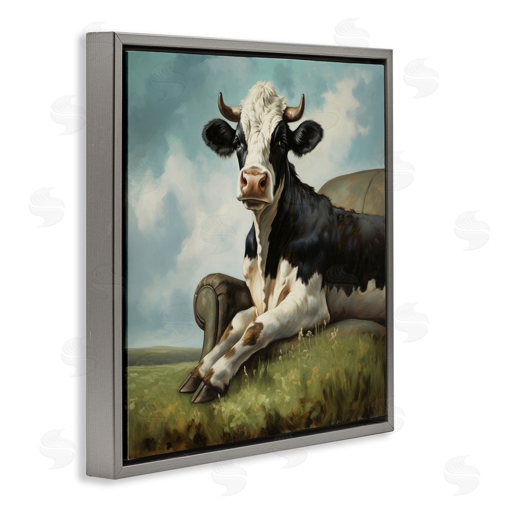 Lazar Studio Cow on Country Couch Gray Floating Frame Canvas Wall Art Print