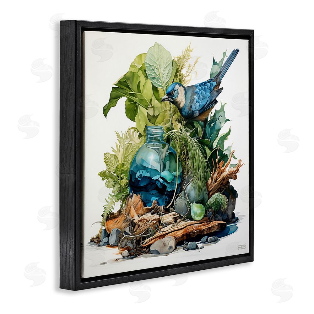 RB Bluebird & Woodland Plants Black Floating Frame Canvas Wall Art Print