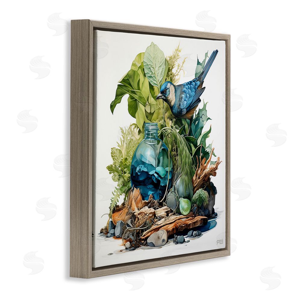 RB Bluebird & Woodland Plants Brown Floating Frame Canvas Wall Art Print