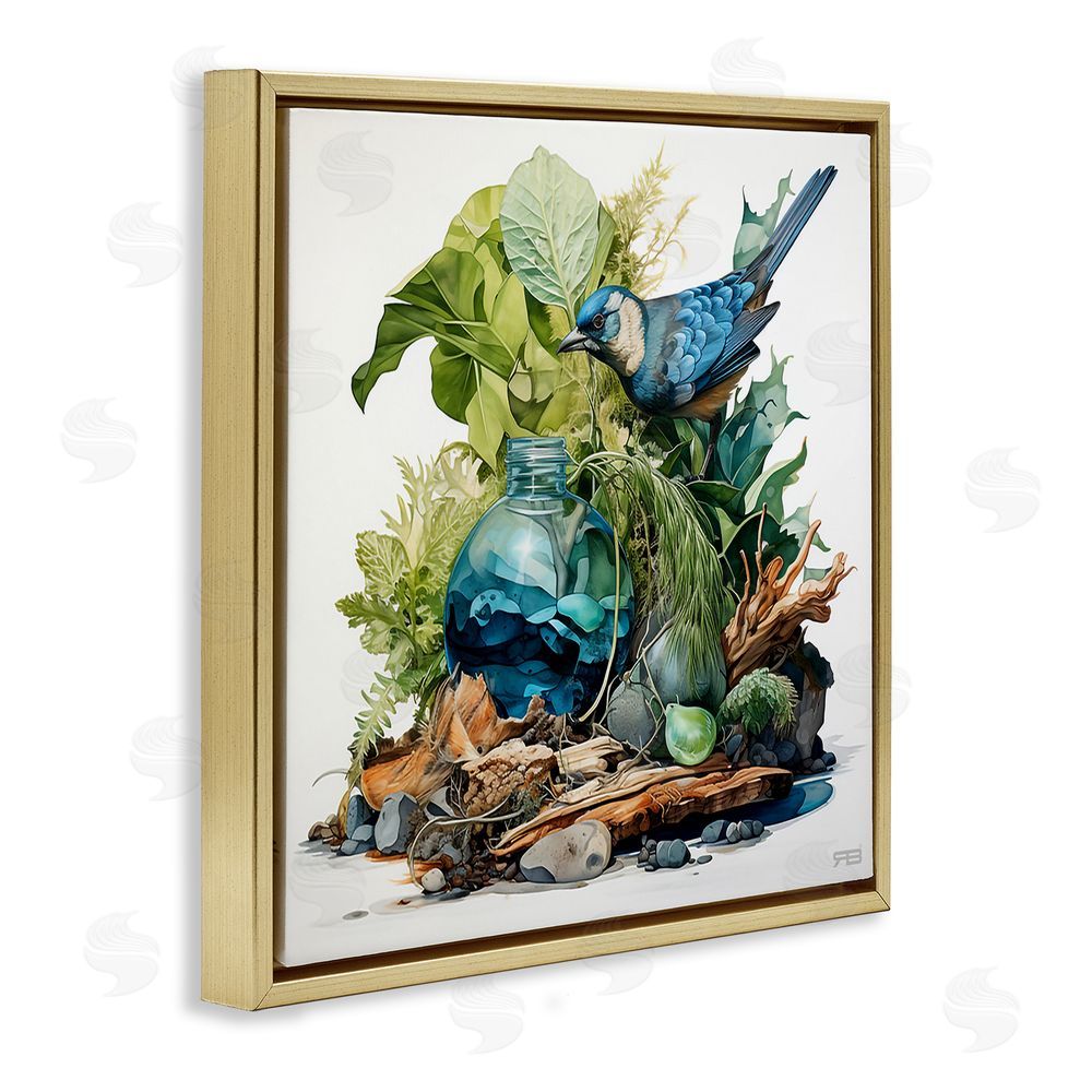 RB Bluebird & Woodland Plants Gold Floating Frame Canvas Wall Art Print