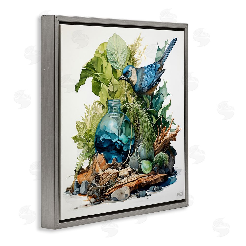 RB Bluebird & Woodland Plants Gray Floating Frame Canvas Wall Art Print