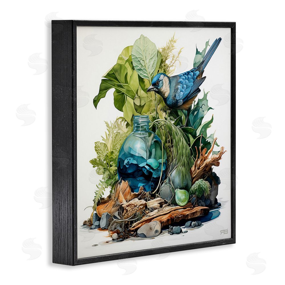 RB Bluebird & Woodland Plants Black Framed Glicee Wall Art Print