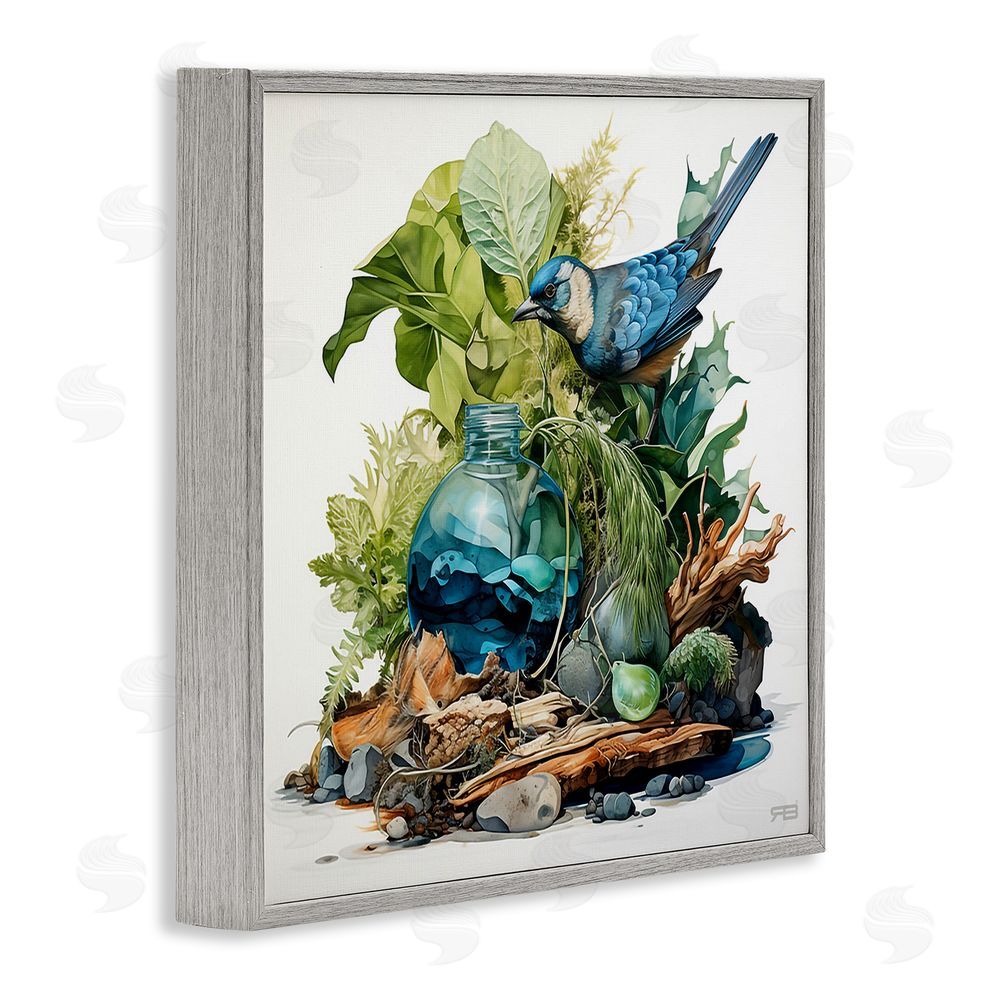 RB Bluebird & Woodland Plants Gray Framed Glicee Wall Art Print