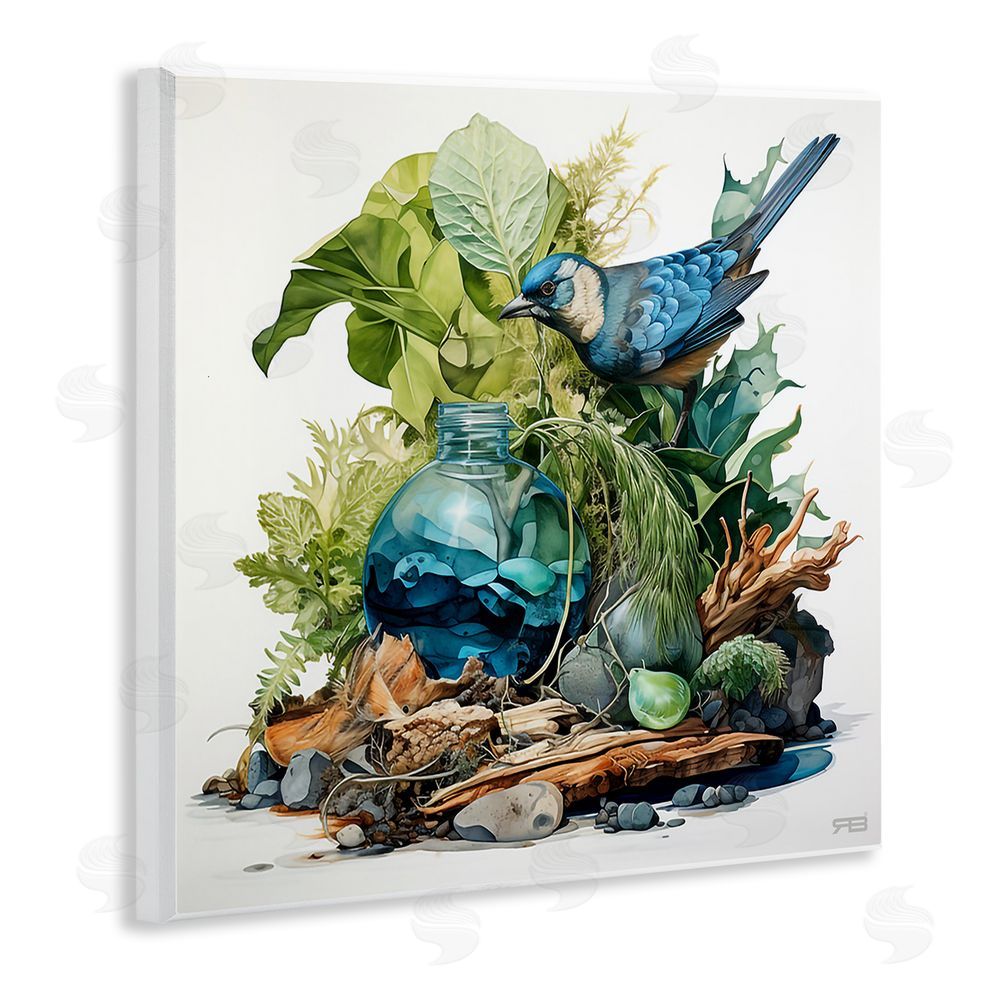 RB Bluebird & Woodland Plants Wooden Wall Plaque Art Print