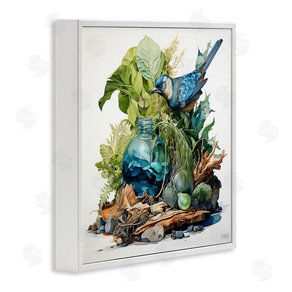 RB Bluebird & Woodland Plants White Framed Glicee Wall Art Print