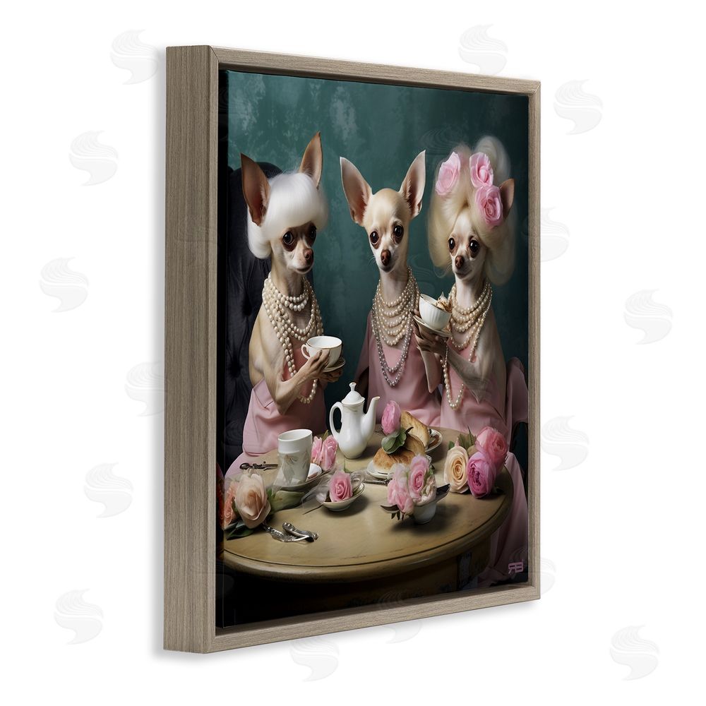 RB Chihuahua Tea Party Brown Floating Frame Canvas Wall Art Print