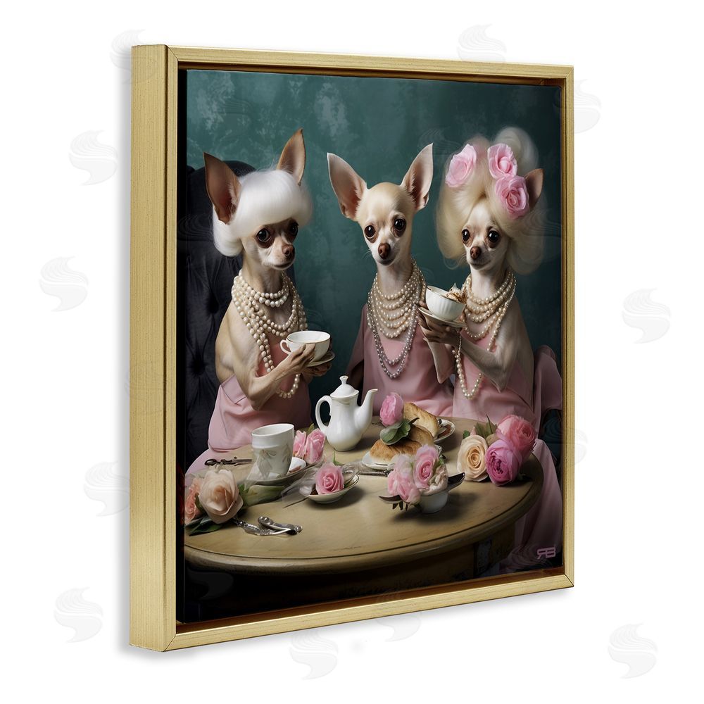 RB Chihuahua Tea Party Gold Floating Frame Canvas Wall Art Print