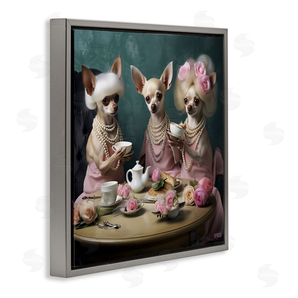 RB Chihuahua Tea Party Gray Floating Frame Canvas Wall Art Print
