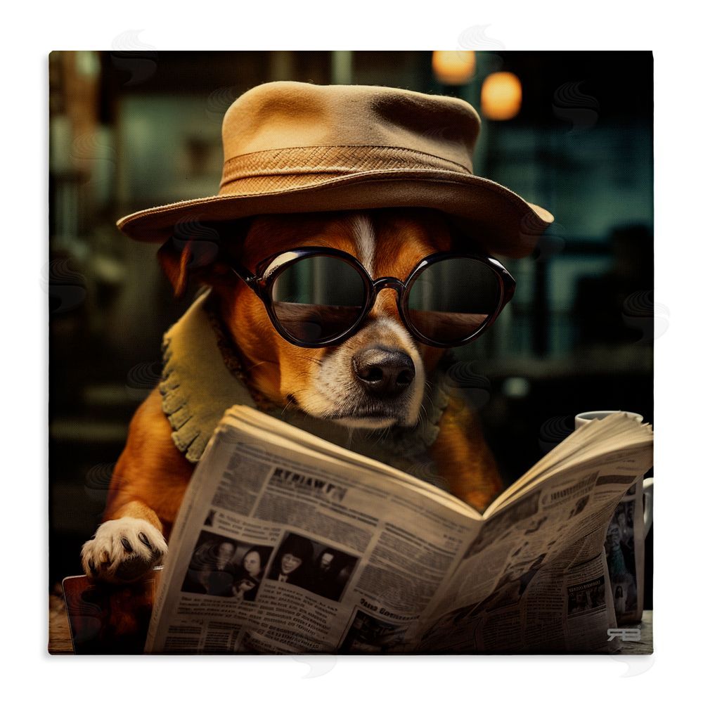 RB Dog Reading Newspaper Stretched Canvas Wall Art Print