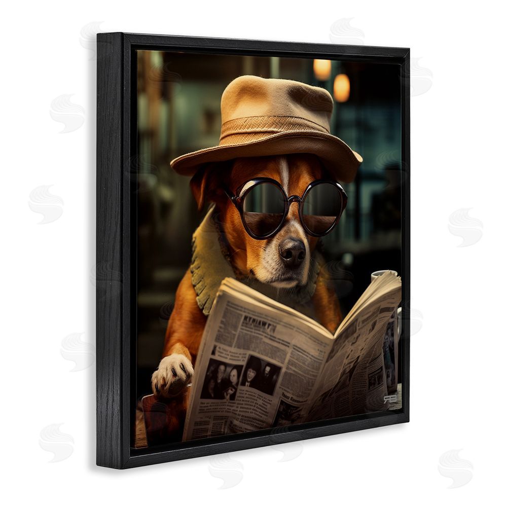 RB Dog Reading Newspaper Black Floating Frame Canvas Wall Art Print