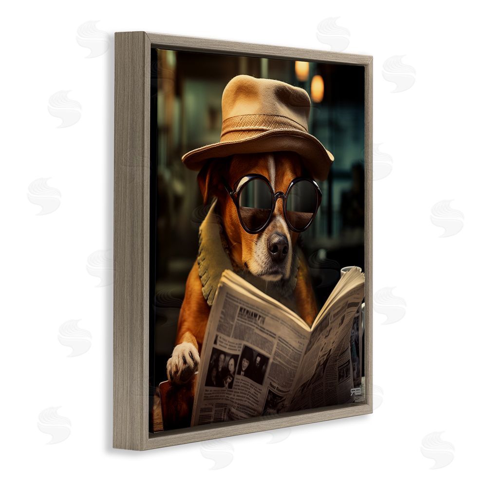 RB Dog Reading Newspaper Brown Floating Frame Canvas Wall Art Print