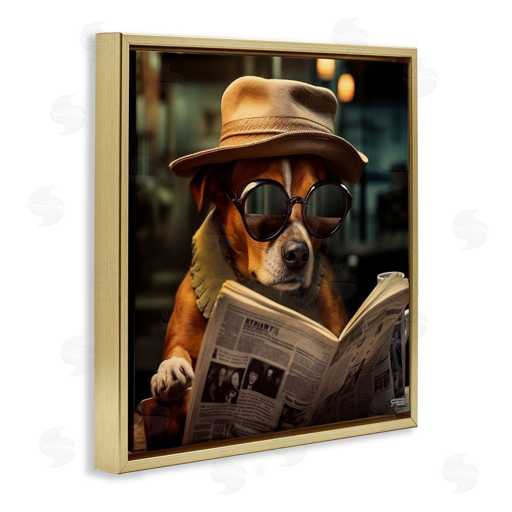 RB Dog Reading Newspaper Gold Floating Frame Canvas Wall Art Print
