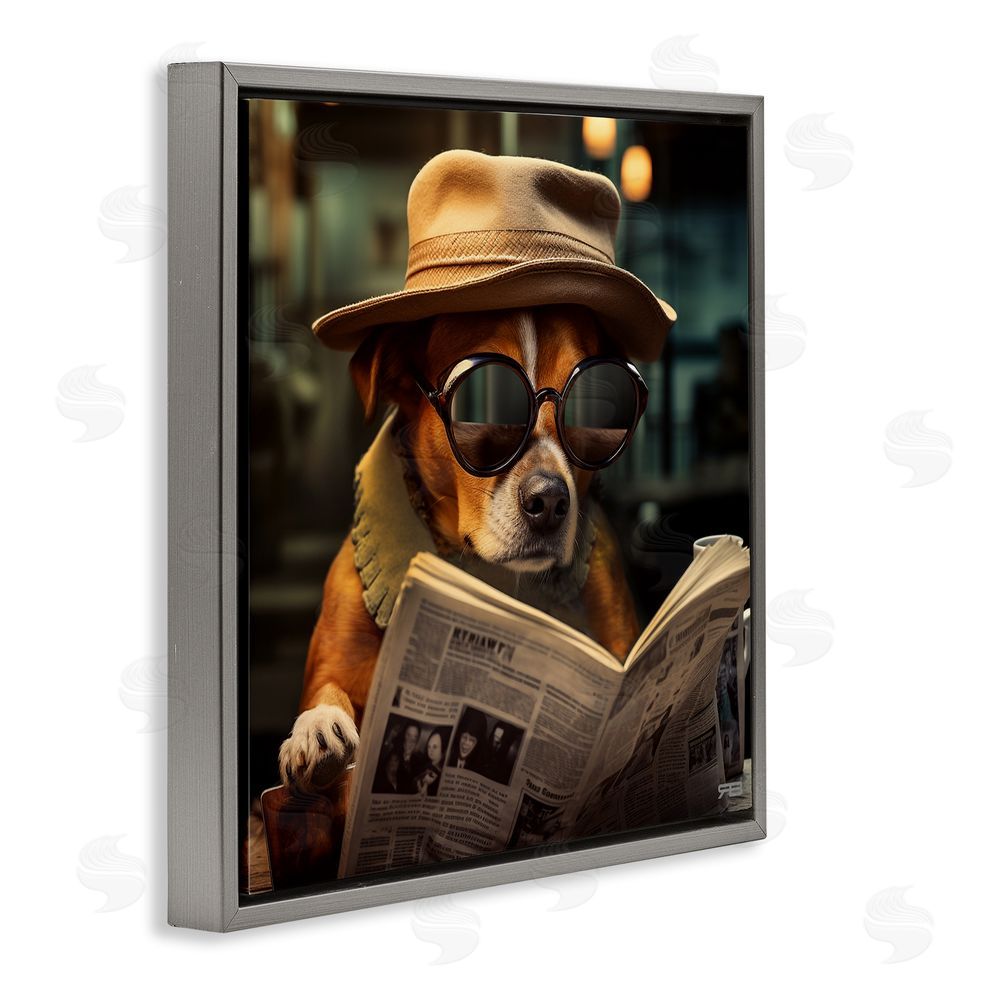 RB Dog Reading Newspaper Gray Floating Frame Canvas Wall Art Print