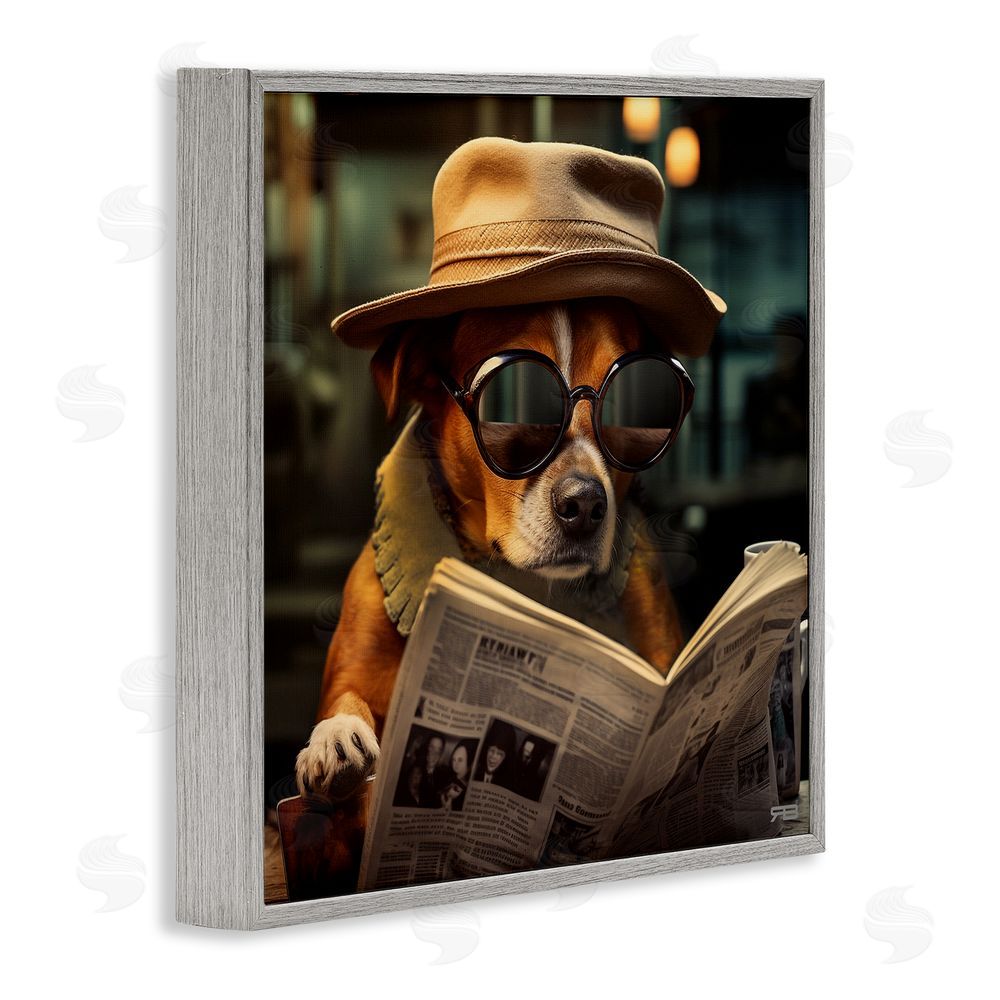 RB Dog Reading Newspaper Gray Framed Glicee Wall Art Print