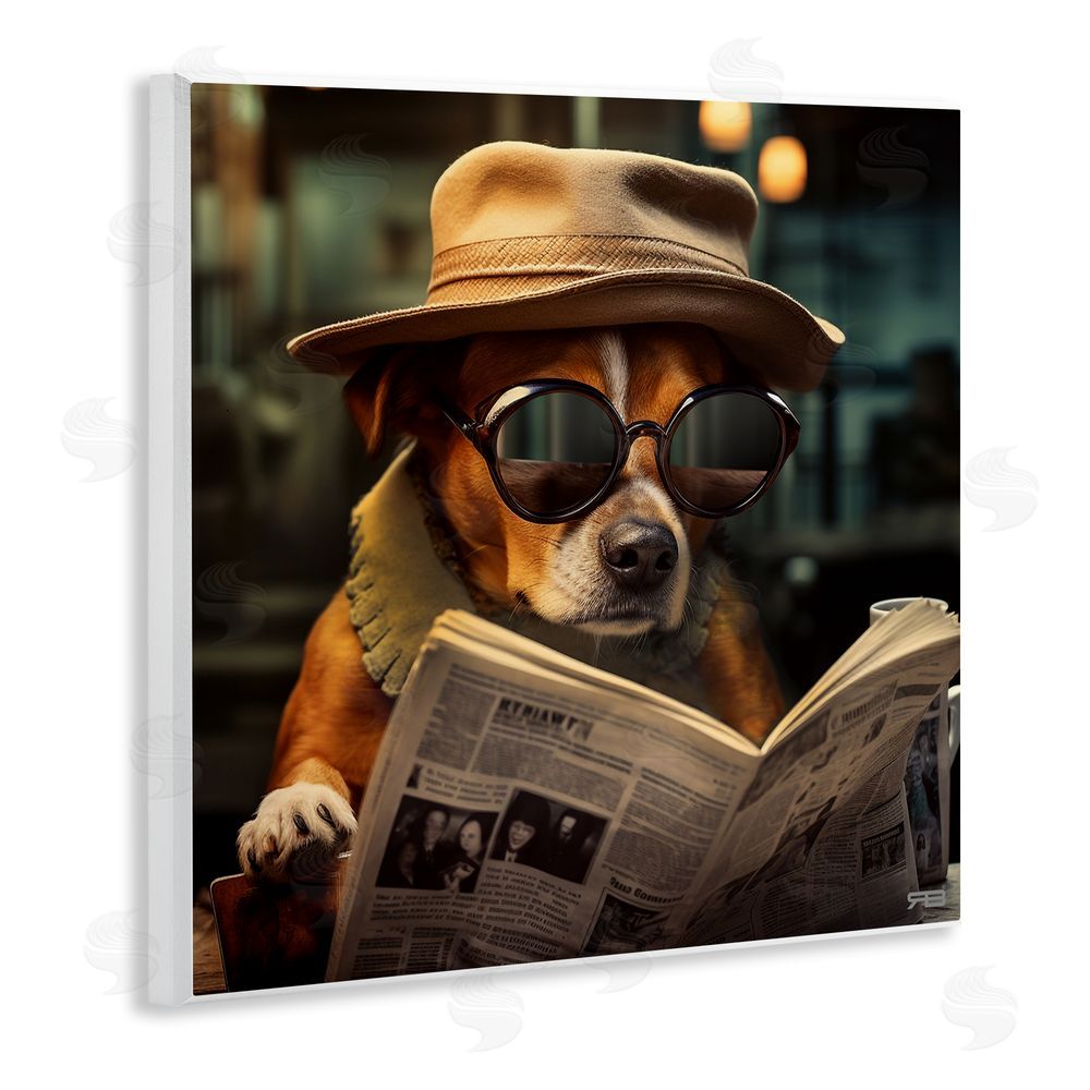 RB Dog Reading Newspaper Wooden Wall Plaque Art Print