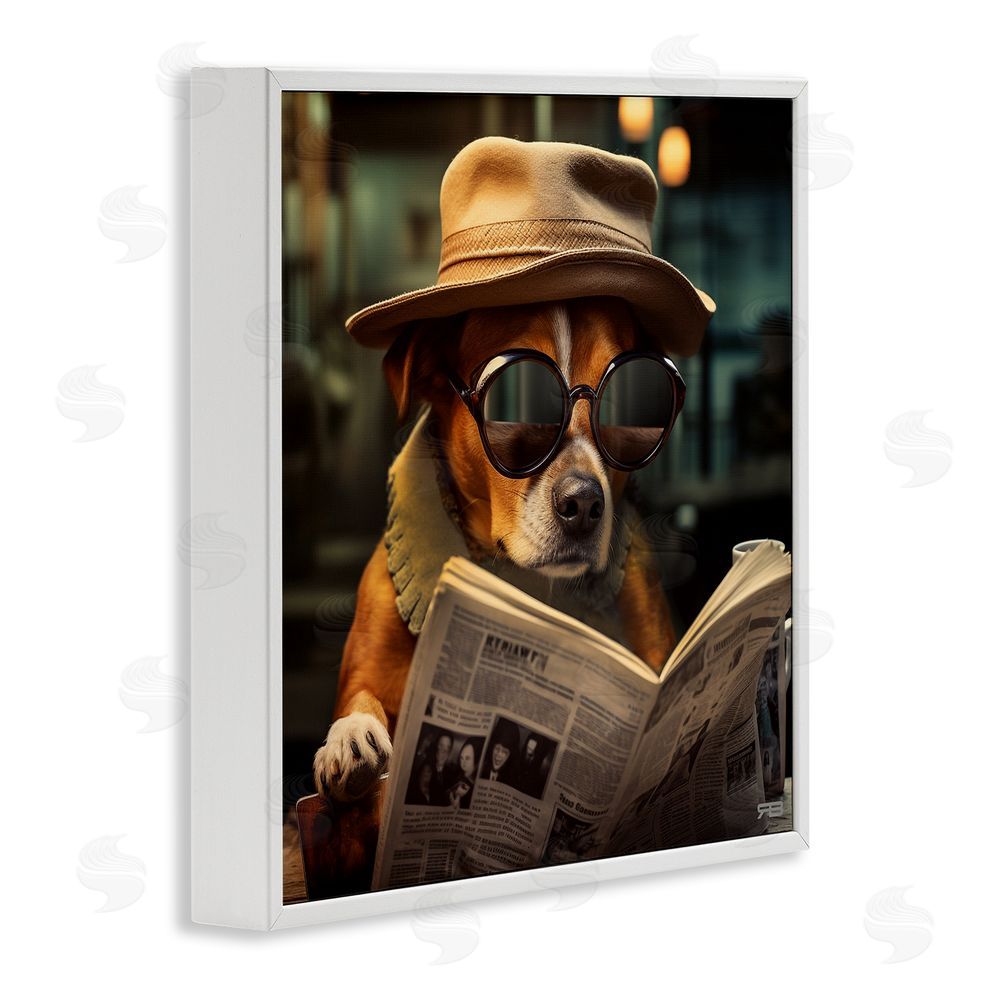 RB Dog Reading Newspaper White Framed Glicee Wall Art Print