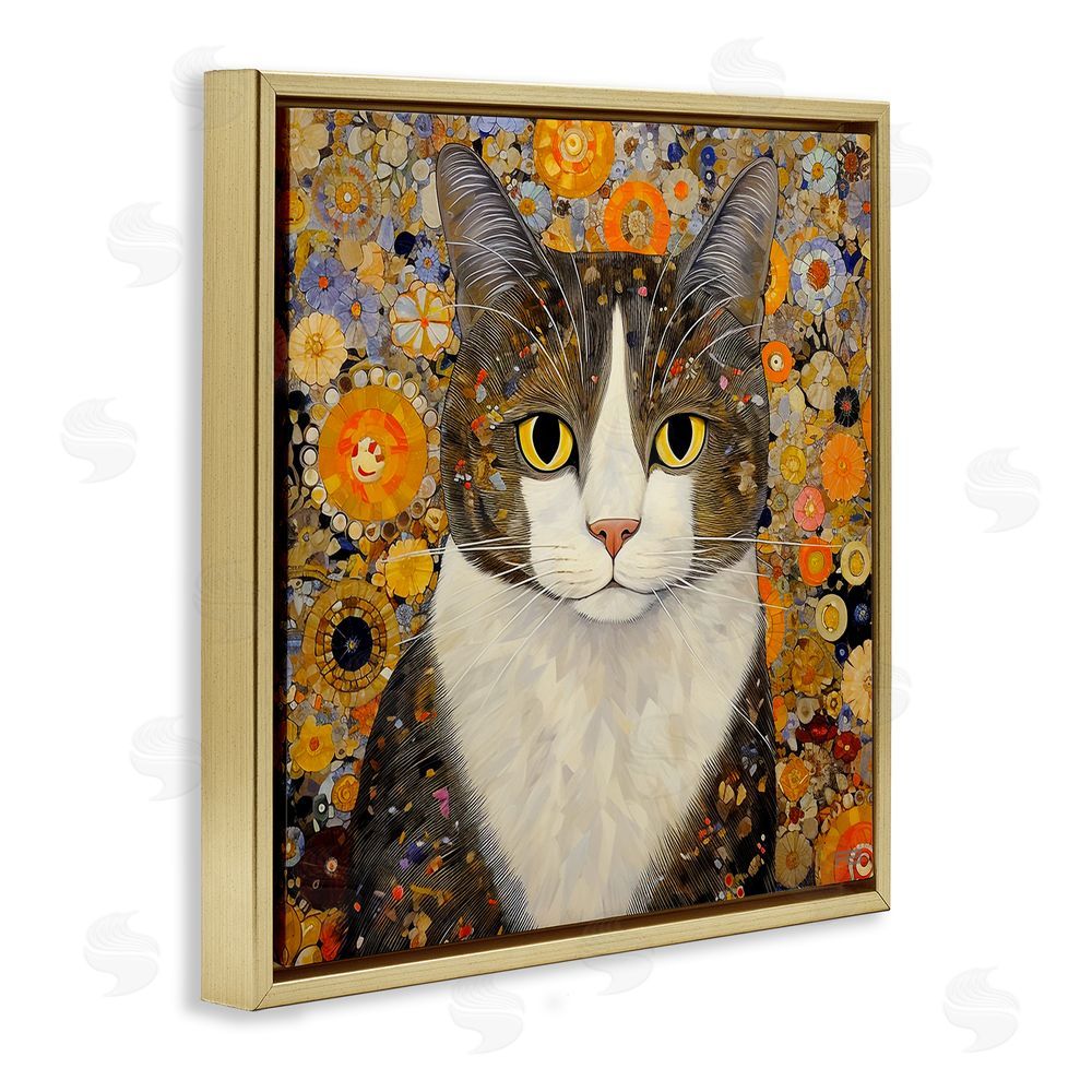 RB Mosaic Pattered Cat Gold Floating Frame Canvas Wall Art Print