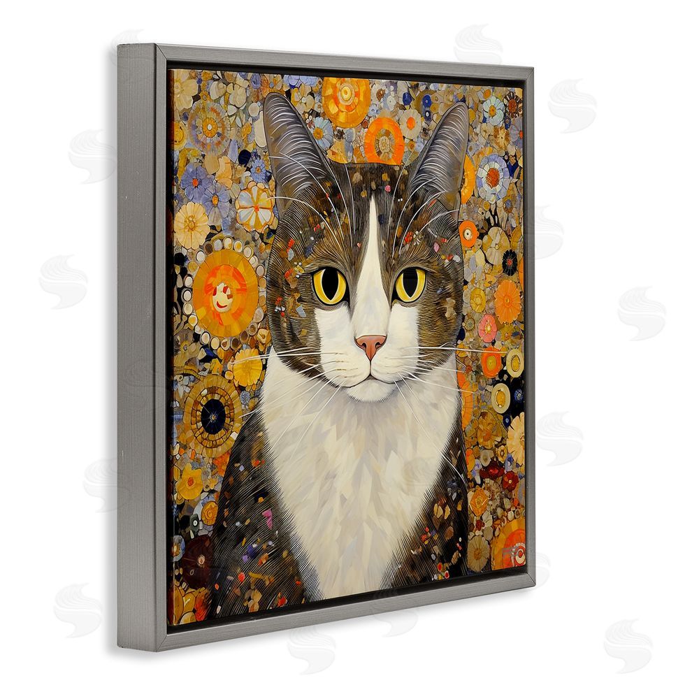 RB Mosaic Pattered Cat Gray Floating Frame Canvas Wall Art Print
