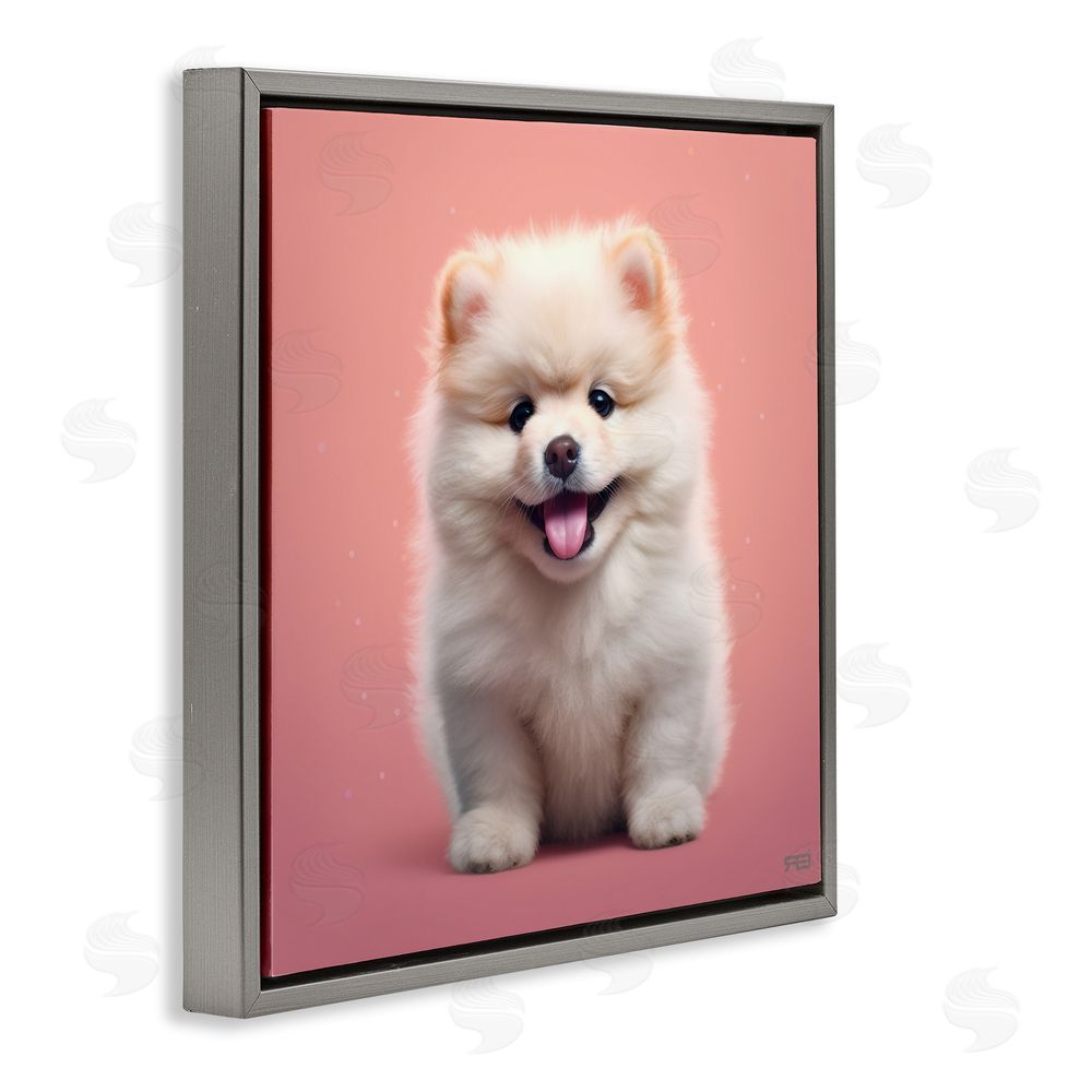 RB Fluffy Puppy on Pink Gray Floating Frame Canvas Wall Art Print