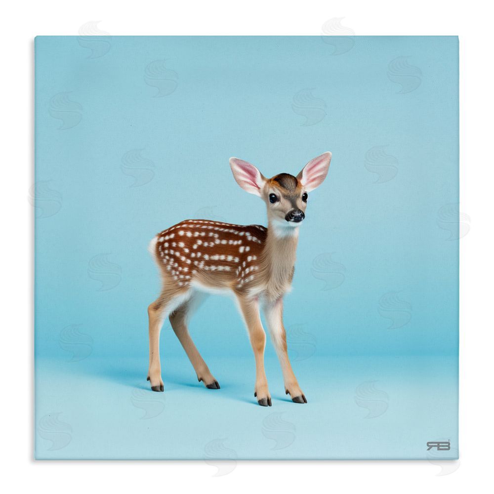 RB Deer Fawn on Blue Stretched Canvas Wall Art Print