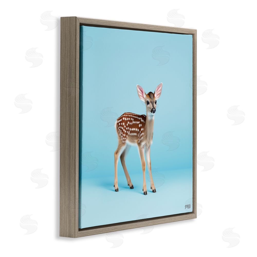 RB Deer Fawn on Blue Brown Floating Frame Canvas Wall Art Print