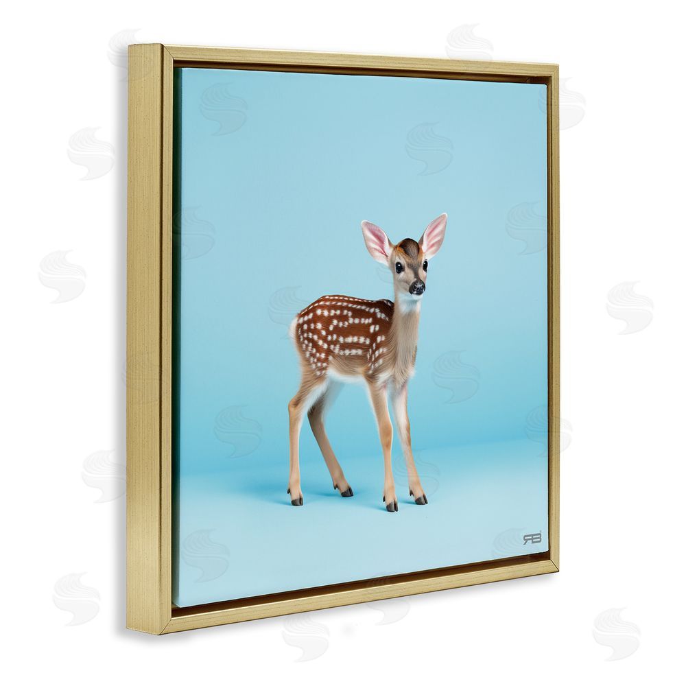 RB Deer Fawn on Blue Gold Floating Frame Canvas Wall Art Print