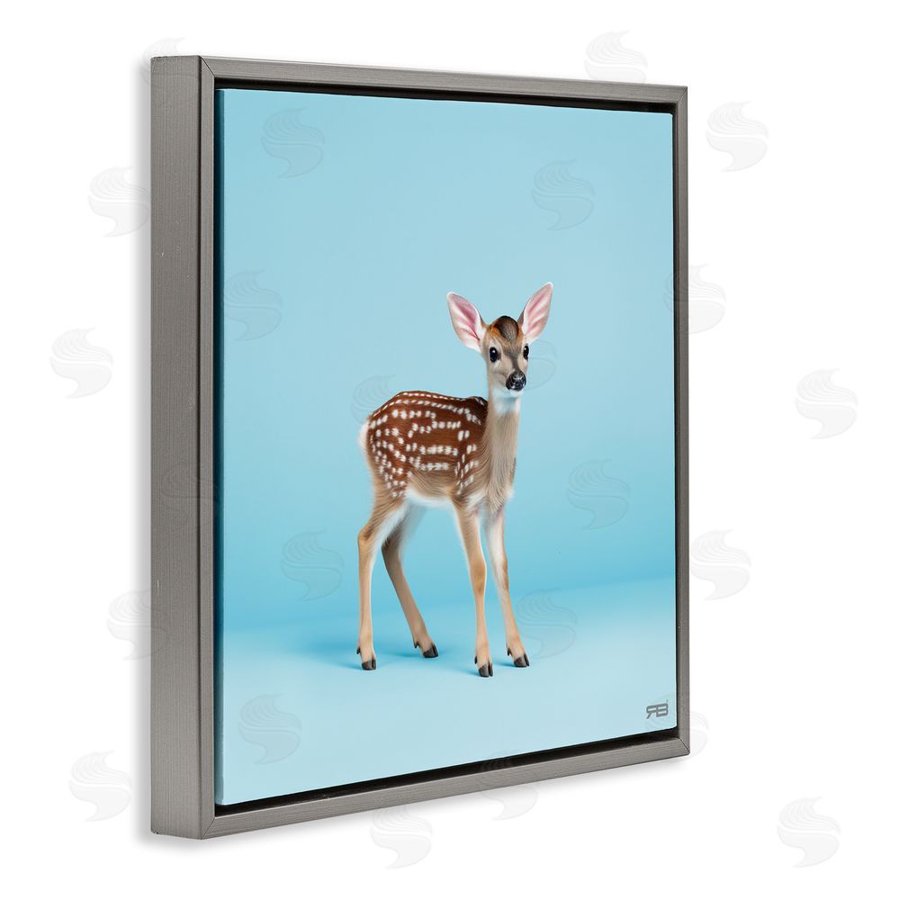 RB Deer Fawn on Blue Gray Floating Frame Canvas Wall Art Print