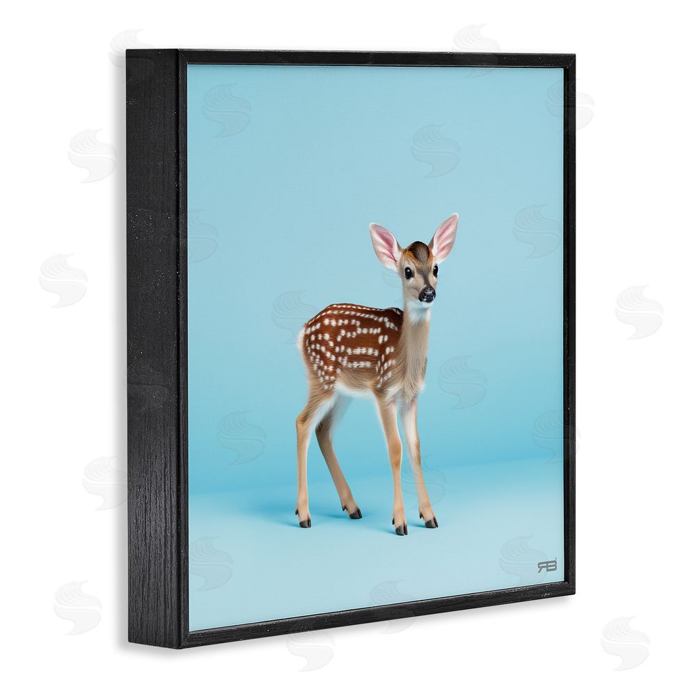 RB Deer Fawn on Blue Black Framed Glicee Wall Art Print