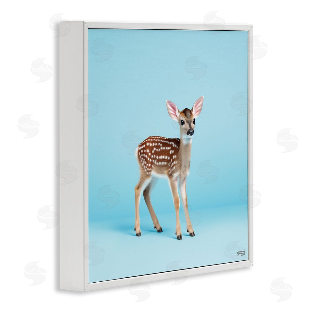 RB Deer Fawn on Blue White Framed Glicee Wall Art Print