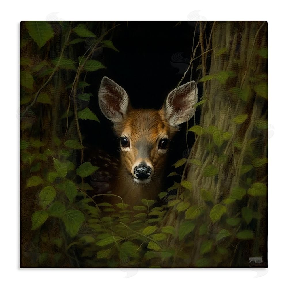 RB Fawn Peeking from Trees Stretched Canvas Wall Art Print