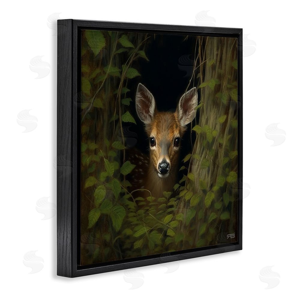 RB Fawn Peeking from Trees Black Floating Frame Canvas Wall Art Print