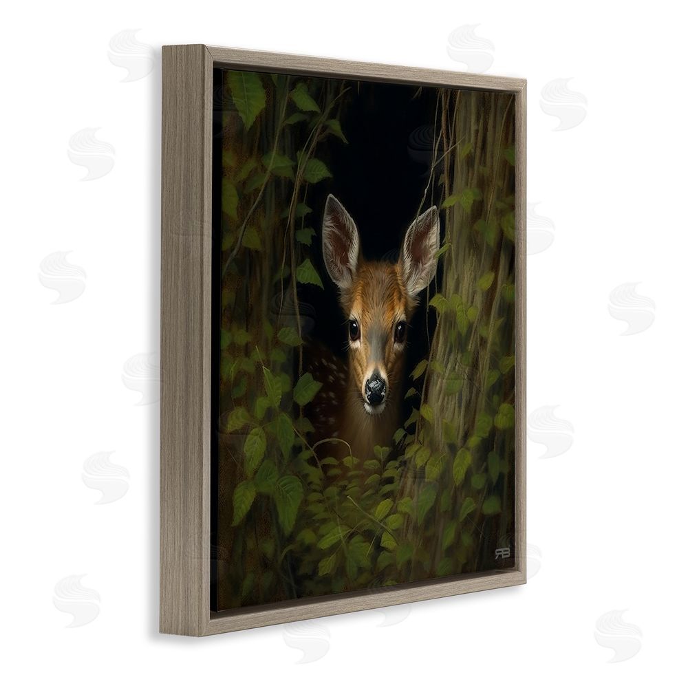 RB Fawn Peeking from Trees Brown Floating Frame Canvas Wall Art Print