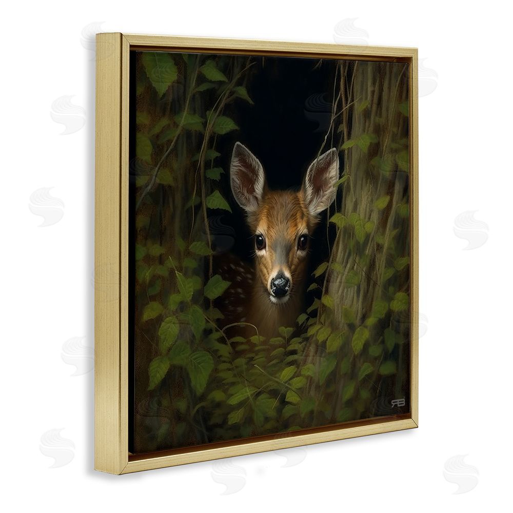 RB Fawn Peeking from Trees Gold Floating Frame Canvas Wall Art Print