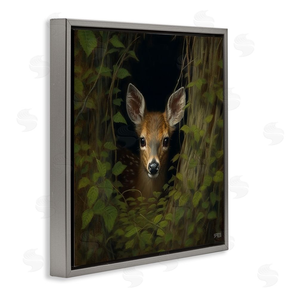 RB Fawn Peeking from Trees Gray Floating Frame Canvas Wall Art Print
