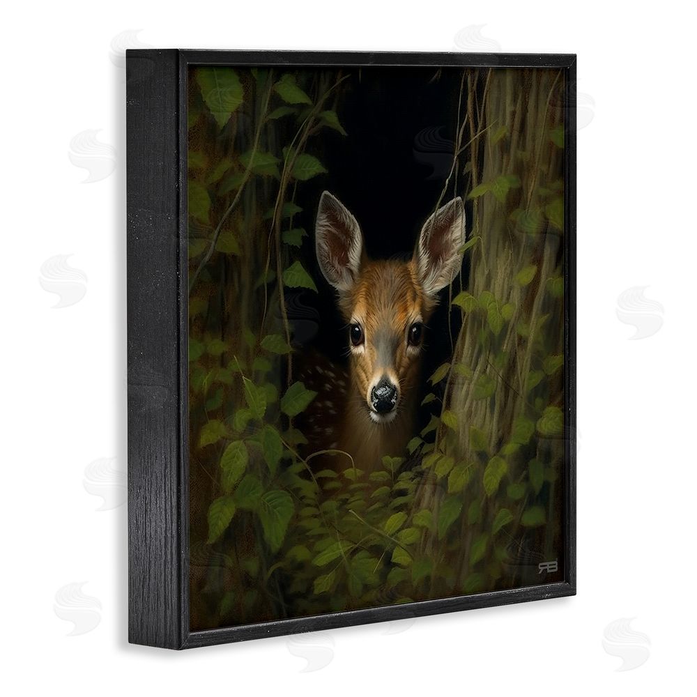 RB Fawn Peeking from Trees Black Framed Glicee Wall Art Print