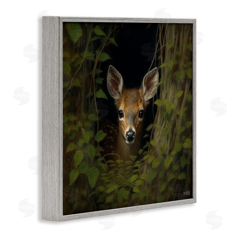 RB Fawn Peeking from Trees Gray Framed Glicee Wall Art Print