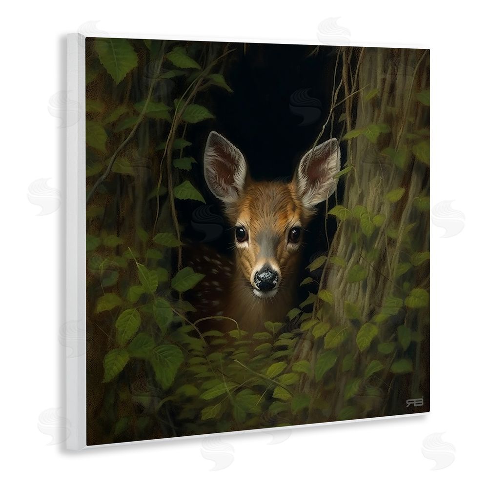 RB Fawn Peeking from Trees Wooden Wall Plaque Art Print