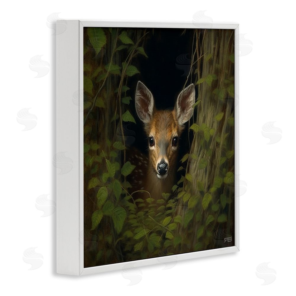 RB Fawn Peeking from Trees White Framed Glicee Wall Art Print
