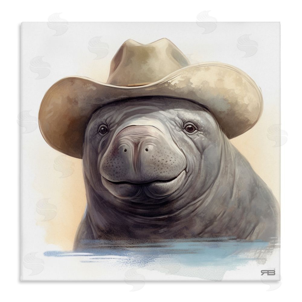 RB Manatee with Southern Hat Stretched Canvas Wall Art Print