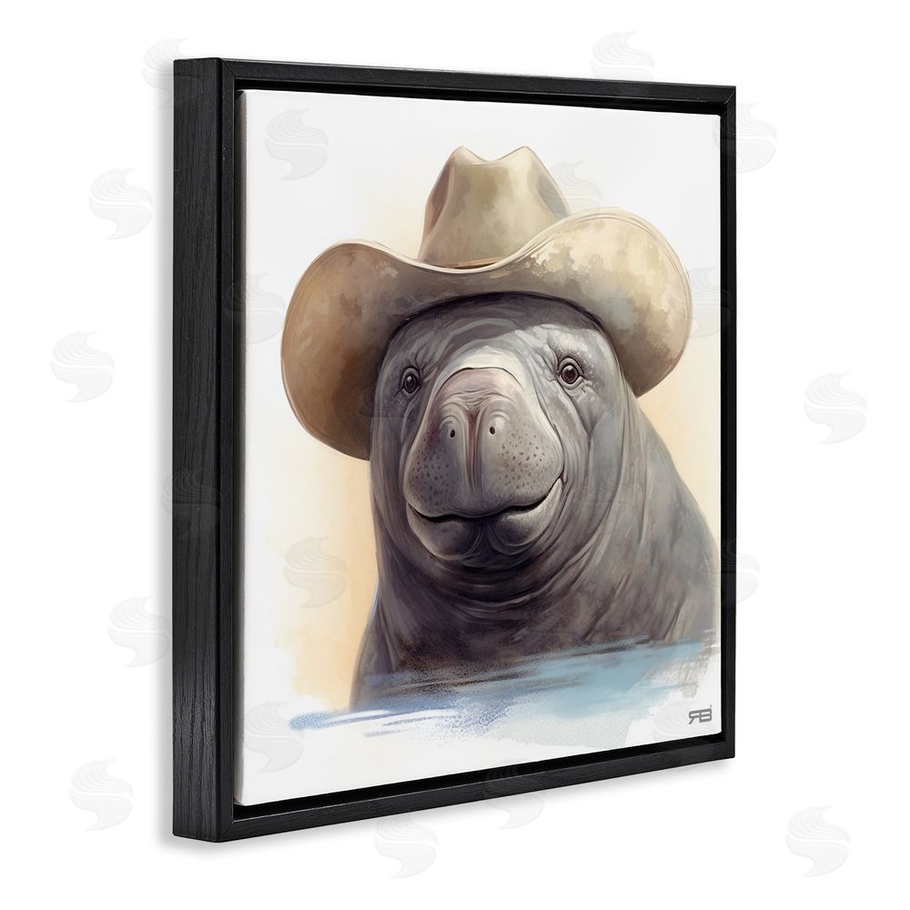 RB Manatee with Southern Hat Black Floating Frame Canvas Wall Art Print