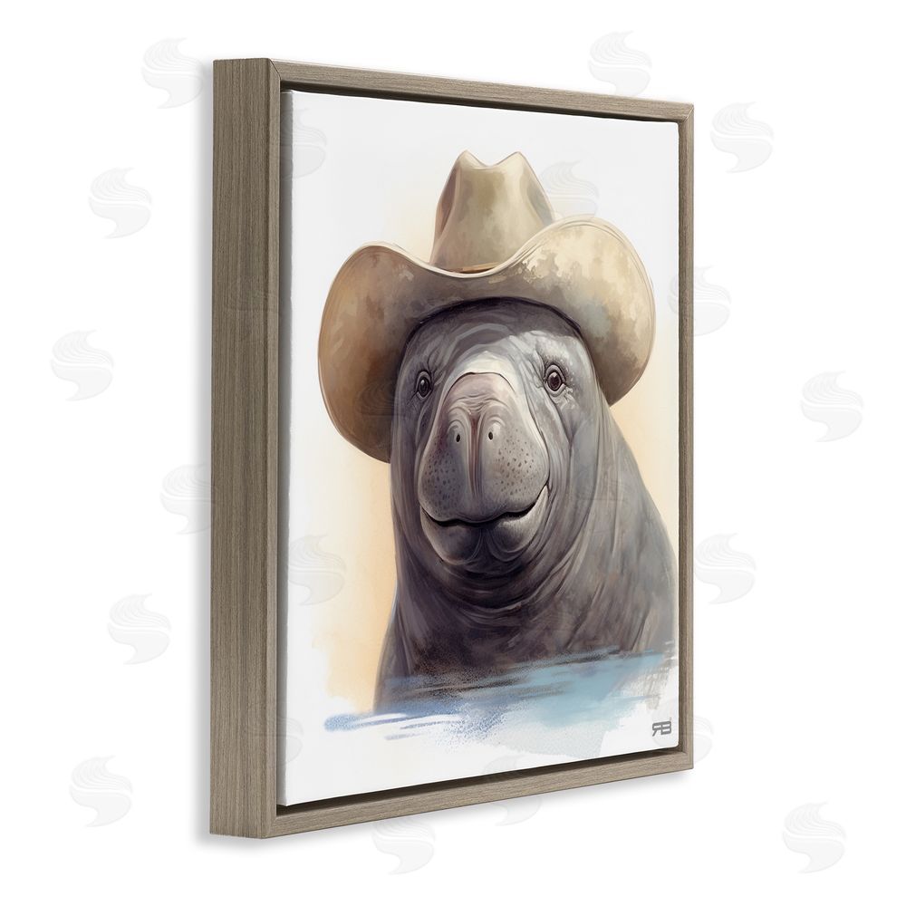 RB Manatee with Southern Hat Brown Floating Frame Canvas Wall Art Print