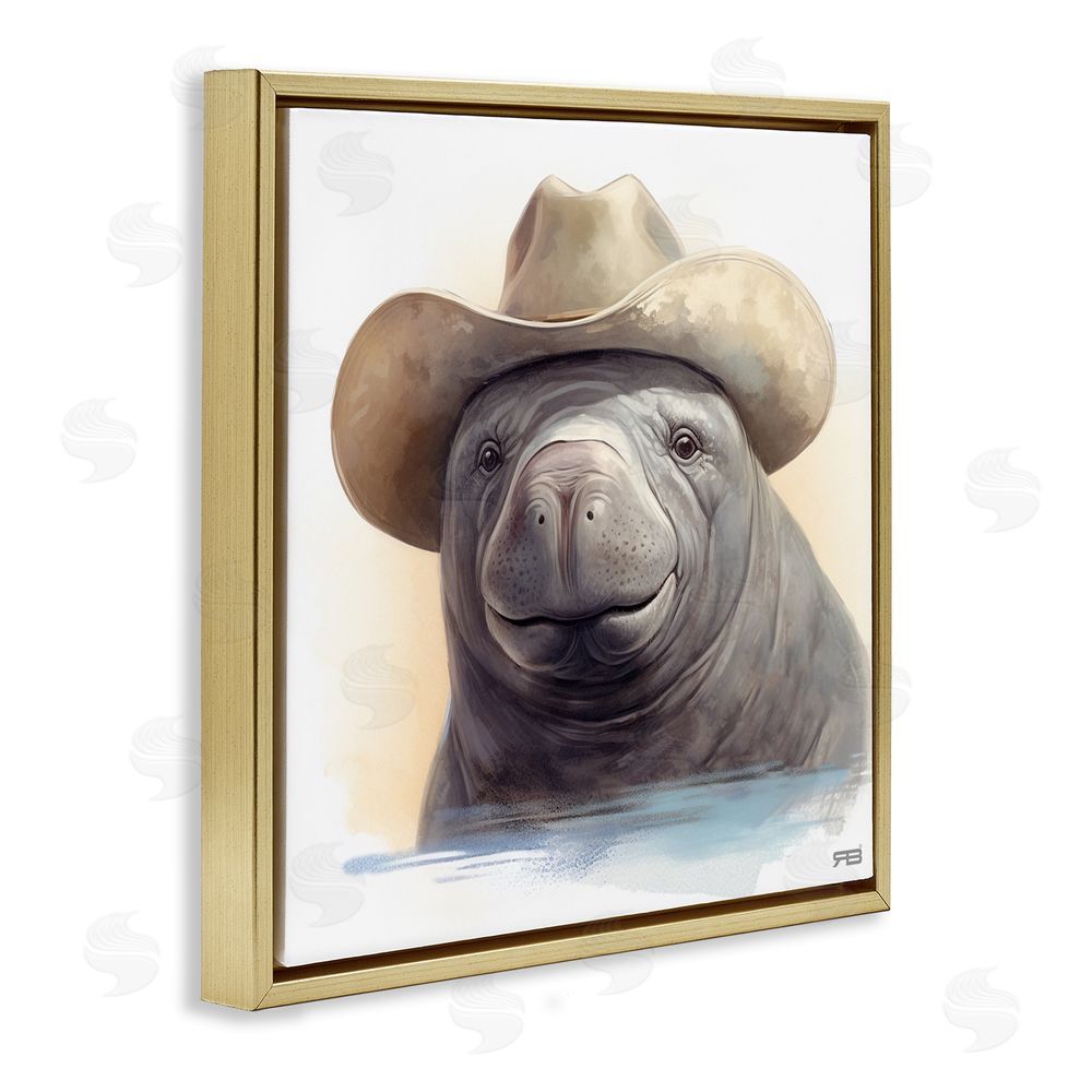 RB Manatee with Southern Hat Gold Floating Frame Canvas Wall Art Print