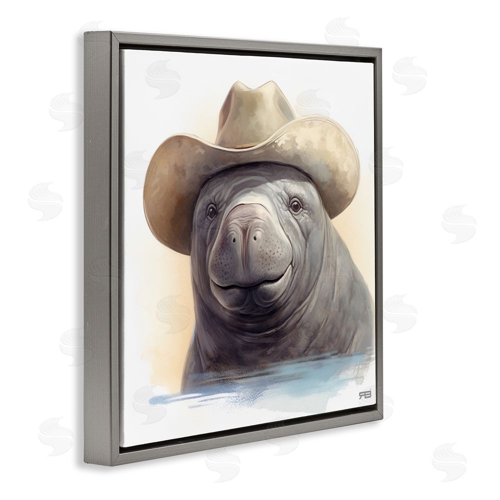 RB Manatee with Southern Hat Gray Floating Frame Canvas Wall Art Print