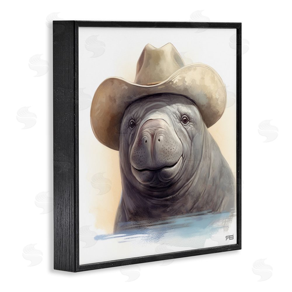 RB Manatee with Southern Hat Black Framed Glicee Wall Art Print